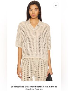 Barefoot Dreams Sunbleached Buttoned Short Sleeve Top - Stone Large L